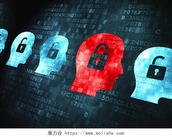 数字背景上带有安全锁图标的蓝色头像和红色头像安全概念: 数字背景头上来挂锁